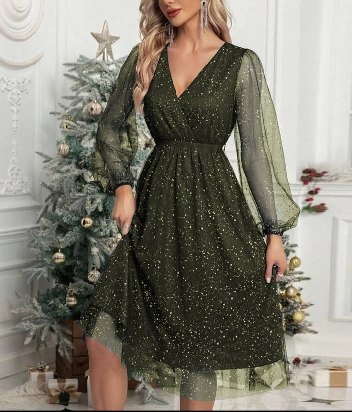 Mae Harper™ | Sparkling Mesh-Sleeve V-Neck Evening Dress